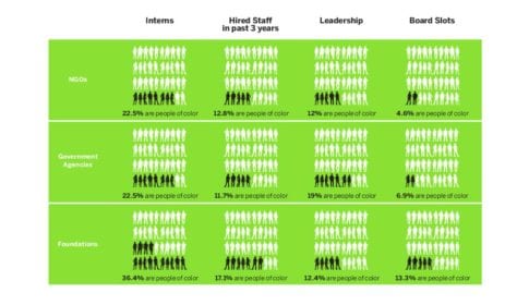 Percentage of people of color at NGOs, Government Agencies, Foundations in categories by Intern, Hired Staff, Leadership, Board Slots