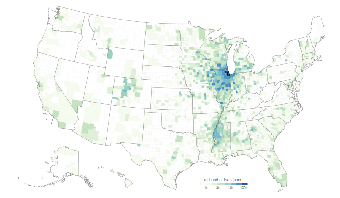 Map of the US showing liklihood of friendships