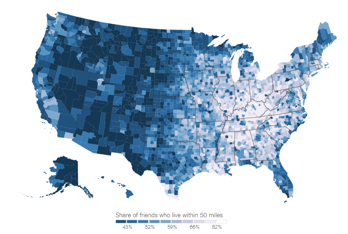 Map of US showing share of friends who live within 50 miles