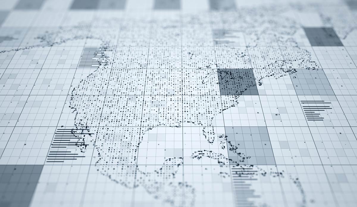 Map of the United States in dots on a grid of squares