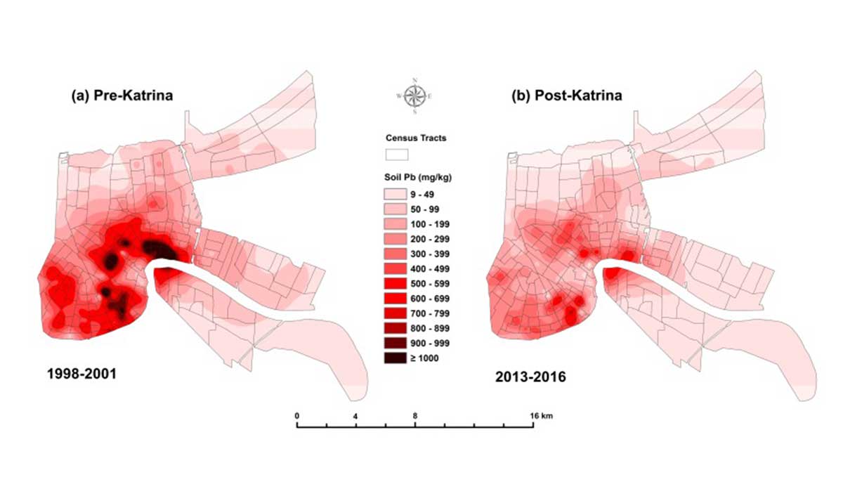 Map of pre-Katrina and post-Katrina lead levels in New Orleans