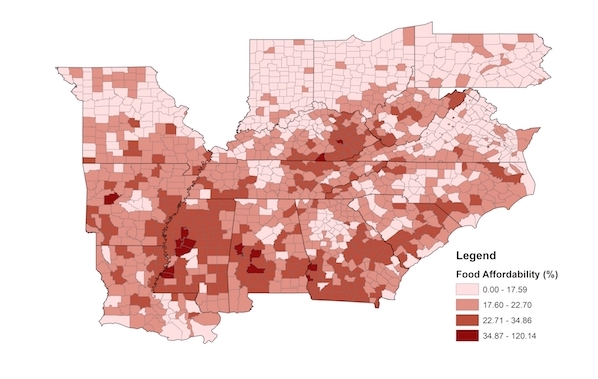 Map showing food insecurity in the Delta and Appalachia regions of the US