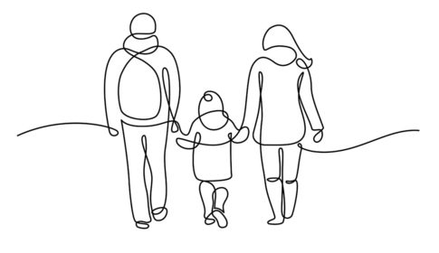 2 parents walking with a child pencil drawing