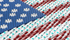 vaccines and blood vials arranged in american flag