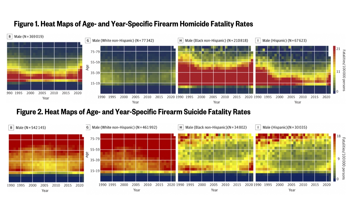 heat maps depicting age- and year-specific homicide and suicide fatality rates, respectively