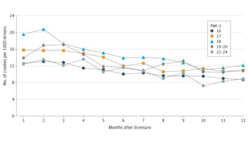 graph depicting monthly crash counts per 1000 drivers in each age group over the first 12 months post-licensure