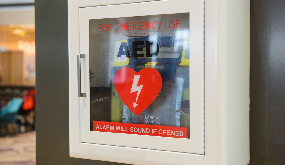 Automated External Defibrillator(AED) on the wall in case of cardiac arrest or emergency