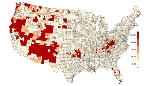 map depicting the probability of deaths of despair by county