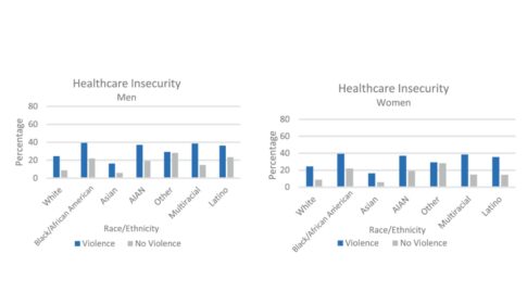 two bar graphs depicting health care insecurity among men and women who experience violence