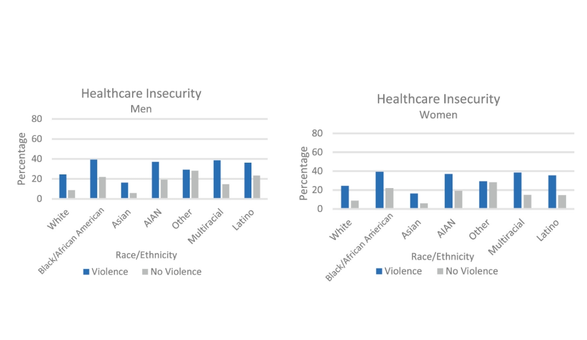 two bar graphs depicting health care insecurity among men and women who experience violence