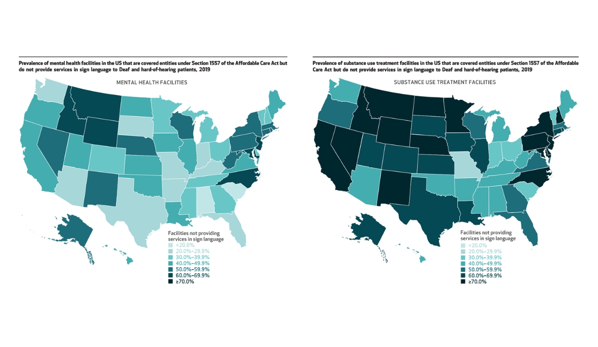 maps depicting the states with mental health and substance use treatment facilities that do not provide services in sign language to Deaf and hard-of-hearing patients