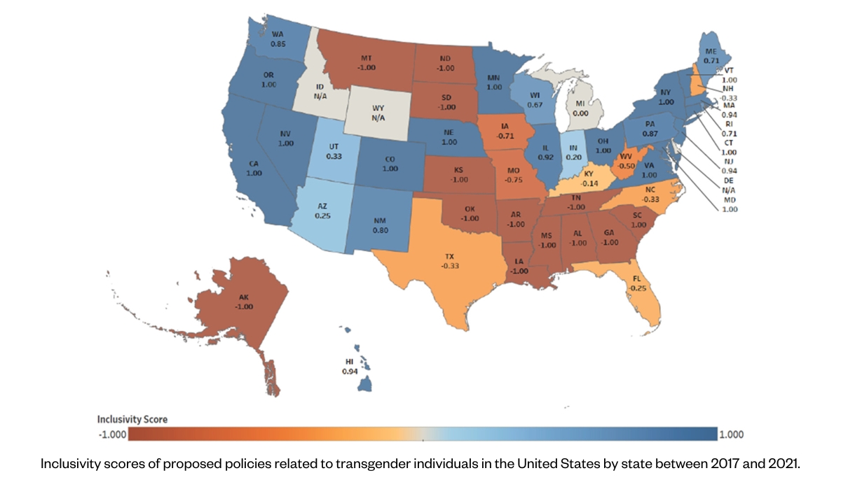 map depicting the inclusivity scores of proposed policies related to transgender individuals in the United States by state