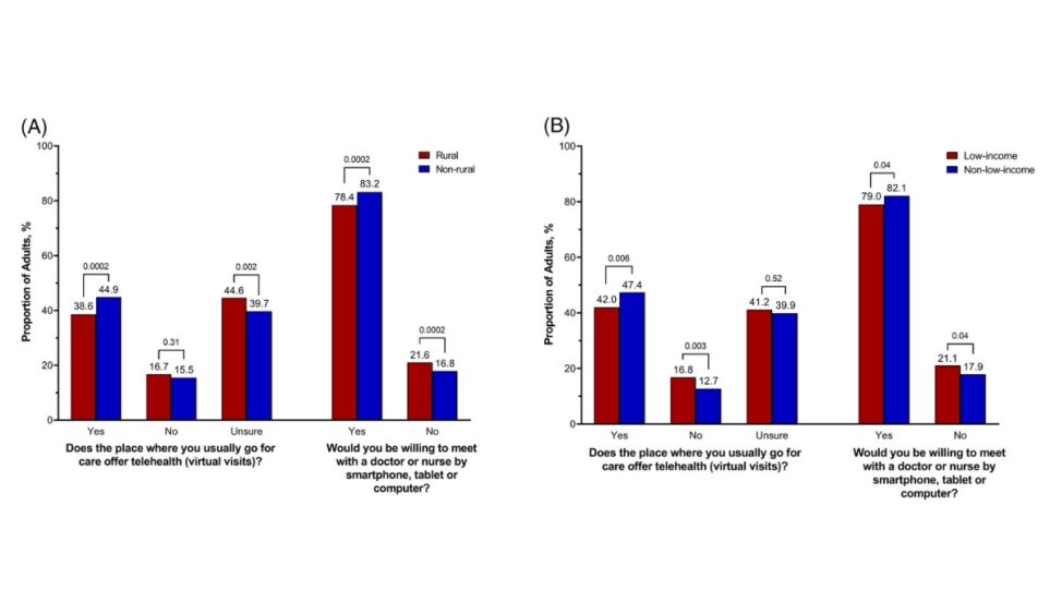 two bar graphs depicting telehealth access among rural vs. non-rural adults and low-income and non-low-income adults