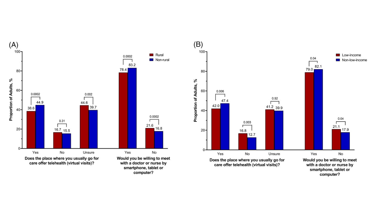 two bar graphs depicting telehealth access among rural vs. non-rural adults and low-income and non-low-income adults