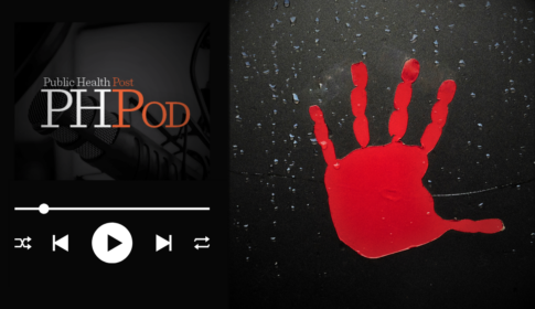 PHPod logo and player on the left and a red handprint, which represents the missing and murdered Indigenous women movement, on the left