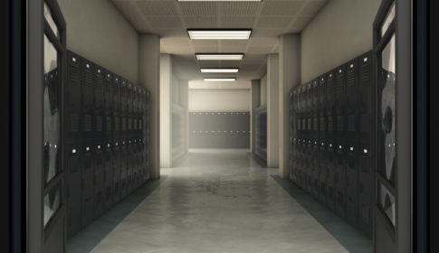 image of dimly lit school hallway