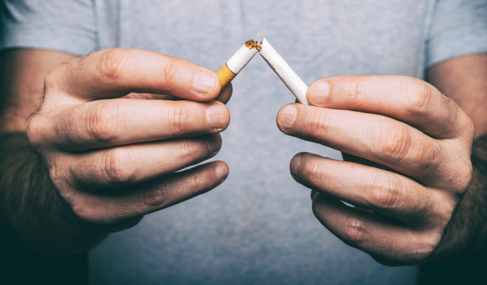 close up of man breaking cigarette in half, symbolizing smoking cessation