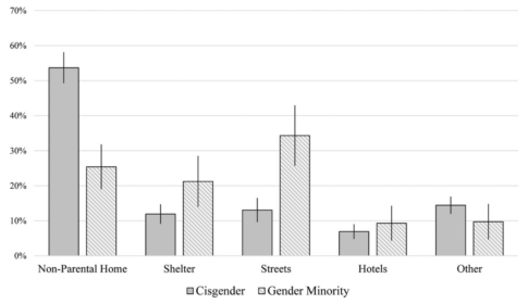 bar graph depicting rates and types of homelessness by gender identity among homeless youth