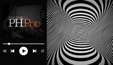 PHPod logo and player on the left with an optical illusion on right, representing body dysmorphia, weight discrimination, and stigma