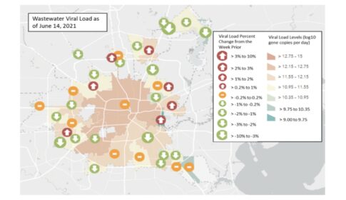 spatial plot of wastewater treatment plants in Houston, Texas, colored by viral loads