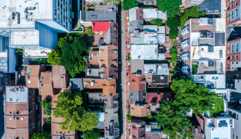 arial view of houses on a street in philadelphia