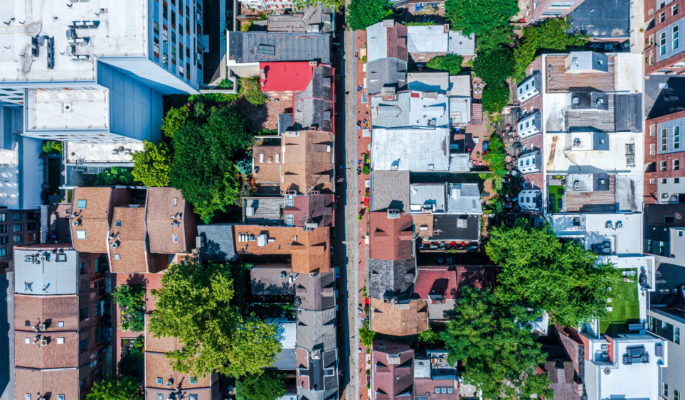 arial view of houses on a street in philadelphia