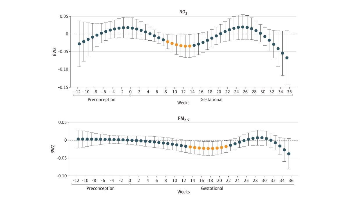Two line graph depicting the associations of weekly air pollution exposure with gestational age. Top graph shows nitrogen dioxide exposure and the bottom graph shows particulate matter exposure.