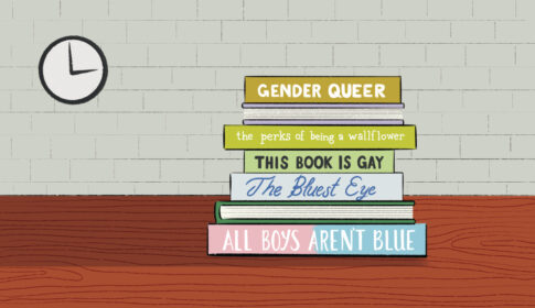 Illustrated stack of books that are commonly banned in classrooms and schools across the country