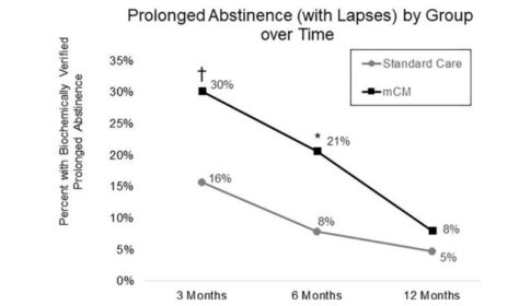 graph depicting proportion of U.S. military veteran participants with biochemically verified prolonged smoking abstinence (with lapses) by treatment group (standard care vs telehealth intervention)