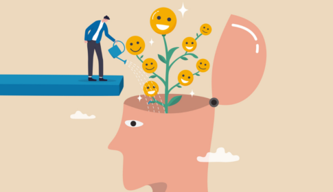 Illustration of man watering brain growing happy smiling face seedling plant. Employee wellness concept