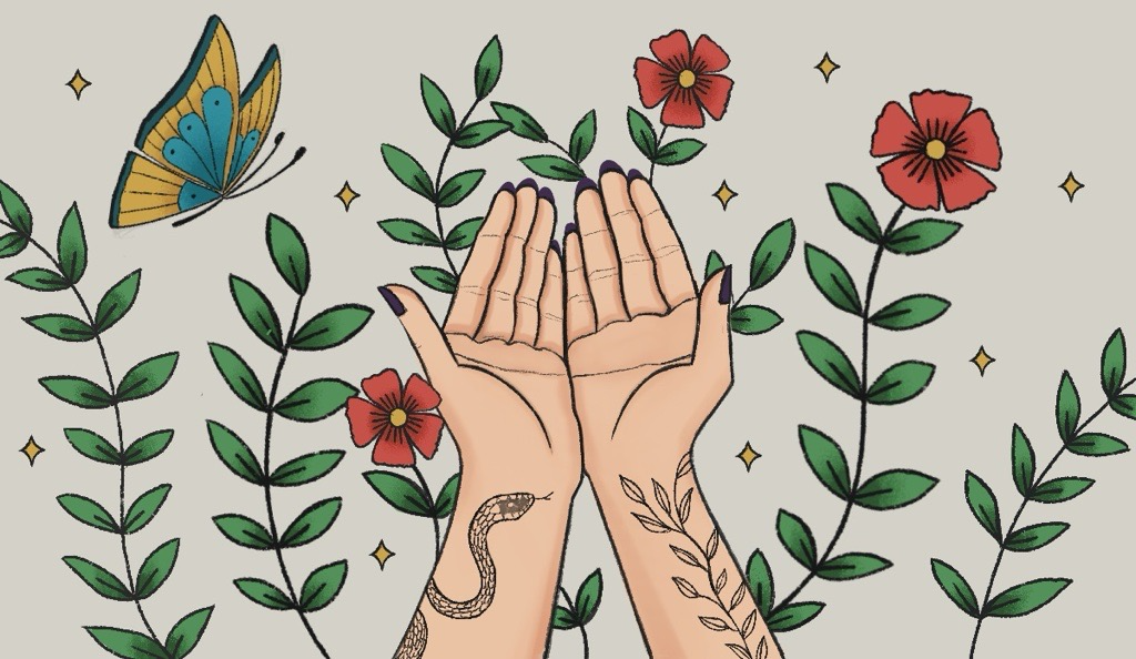 illustration of healing hands with tattoo-related artwork in the background, included a butterfly, flowers, and leafy vines